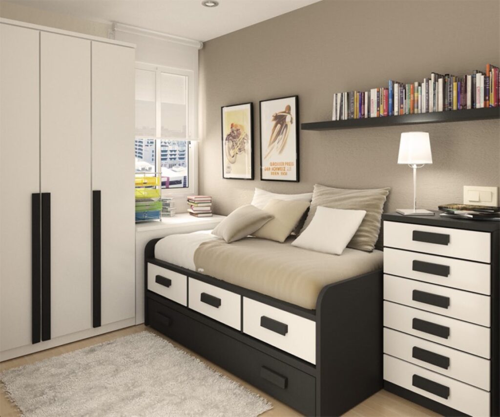 Masculine Teenage Bedroom Ideas For Boy With Black And White Furniture Sets Plus Mini Window Desk